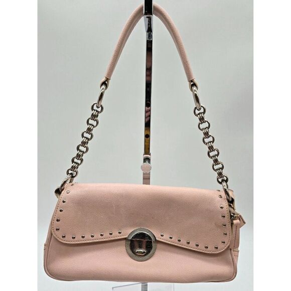 Pink Leather Shoulder Bag W/ Metal Chain Strap & Studded Details - Chic & Practi - Picture 1 of 5